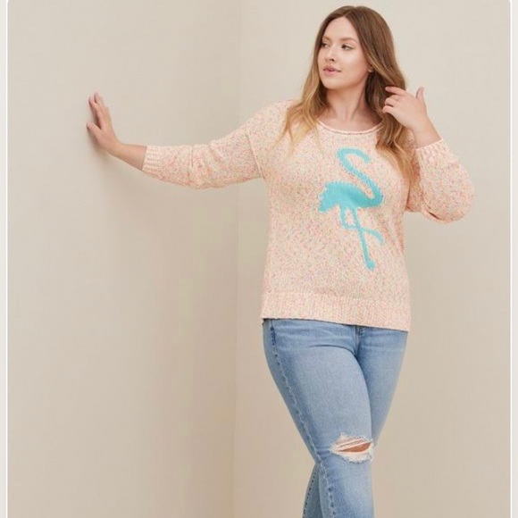 Torrid Pullover Sweater Marled Multi Color Cotton with Blue Flamingo 3/3X/22-24 - Picture 3 of 8